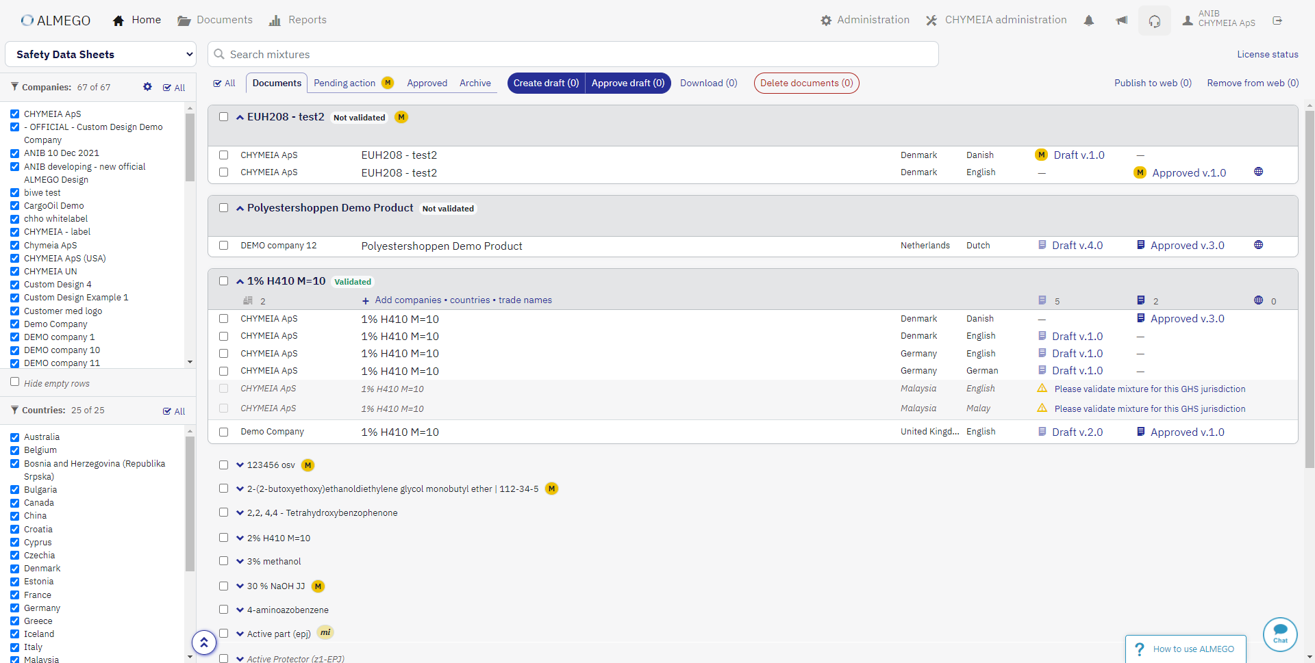 Document Management – After redesign. Admittedly this is quite a busy interface, but highly structured and very powerful none-the-less. It features grouping of documents by chemical products, quick search and filtering and bulk actions for creating, publishing or downloading documents.