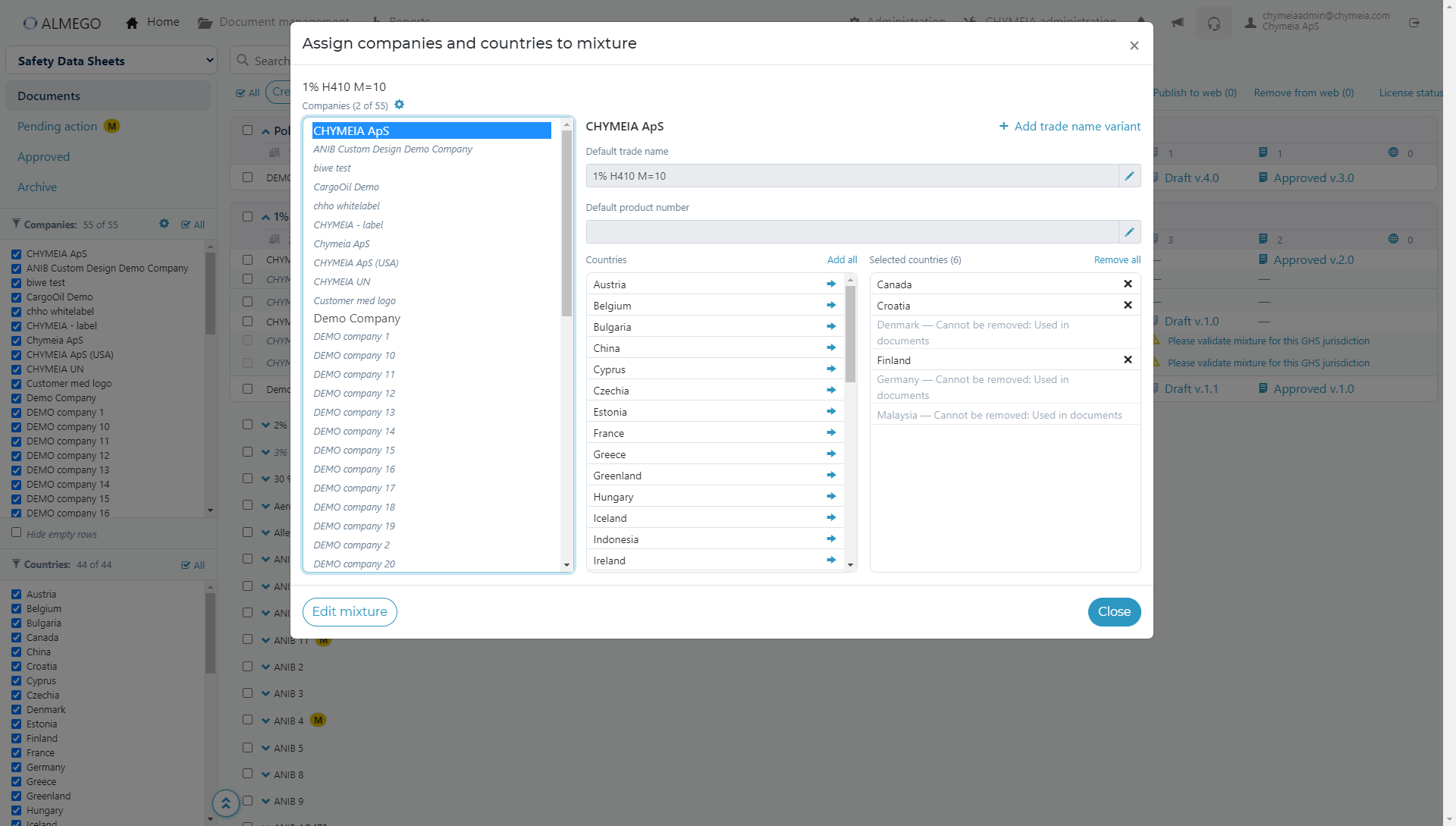 <strong>Adding new document rows:</strong> While the concept above is very efficient for existing documents, the design for <em>adding</em> new documents — with no prior existing versions — proved more tricky to get right. It took several design iterations to arrive at a solution which was both easy to understand and efficient to use. The final design allowed users to open a modal window and add customers/brands and countries (with preconfigured languages) to a product to get pristine rows for generating new documents.