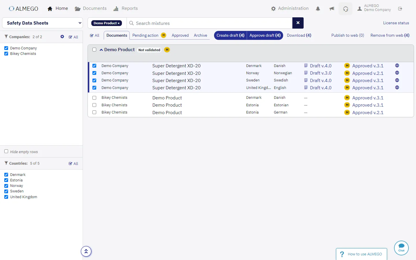 The final design met our design goals (more efficient document generation + easier to find relevant documents), and while quite dense, it was highly structured and powerful in use.<br><br>To create new draft documents:<ol><li>Search for <em>multiple</em> products</li><li>Choose one or <em>multiple</em> brands, countries, and languages</li><li>Generate drafts with one click</li><li>Find each draft in its <em>dedicated row</em></li><li>Review document and edit data</li><li><em>Just click “Create draft” again</em> to generate a new version (your selections are remembered).</li></ol>It was well-received, and has no doubt contributed to our high user satisfaction ratings of 4.5 of 5.<br><br>Compare with  <a href='#almego-document-management-before'>original design above</a>.