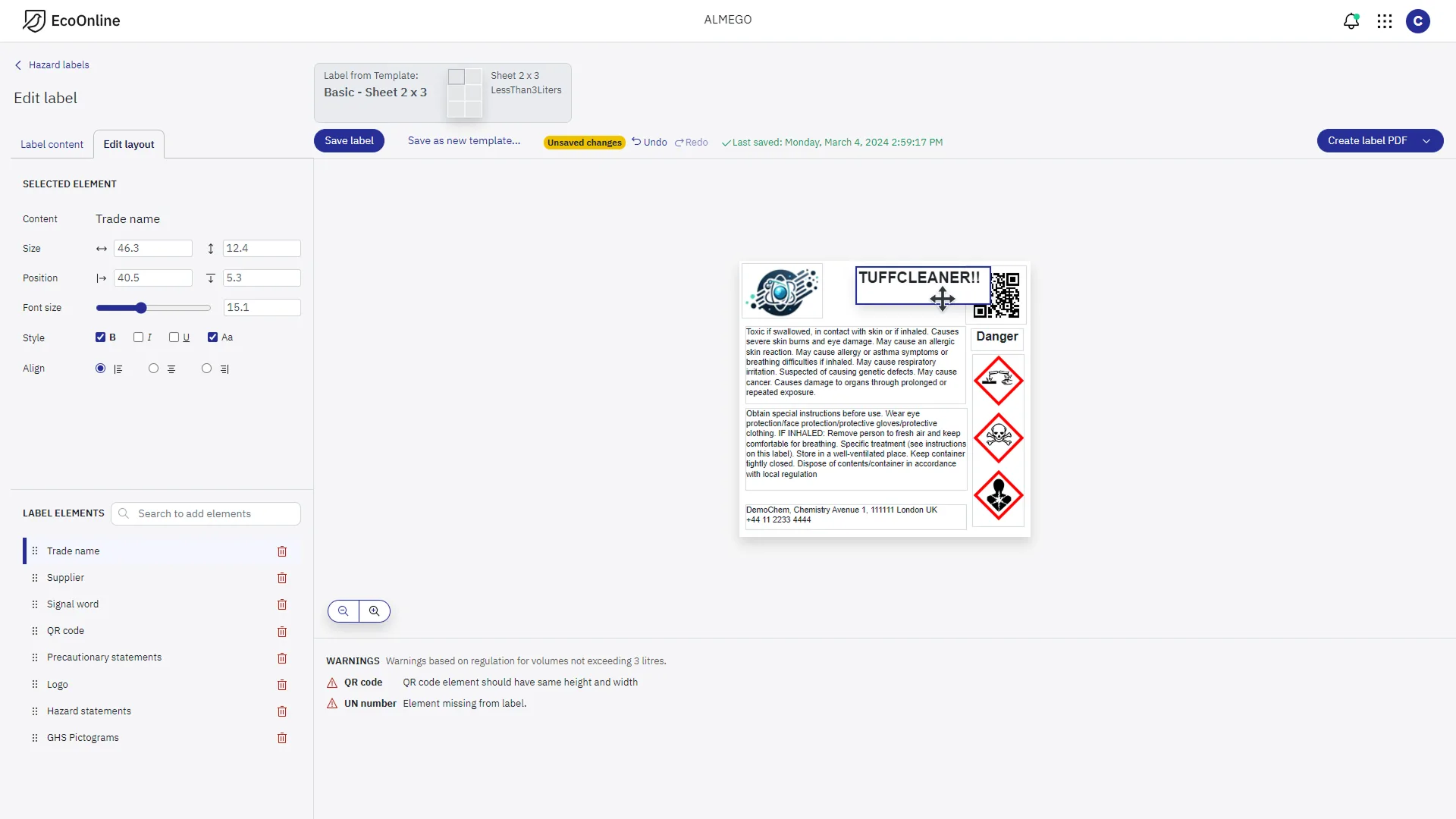 With the label taking center stage on the zoomable canvas, where users can freely add, remove, edit, move and resize elements with the mouse.<br><br>We leveraged established design patterns for editors of this kind including property panels for the selected element (center left) and a layers panel of added content elements (bottom left).<br><br>A nifty feature (bottom center) was live warnings whether the design adhered to the regulatory demands established by the chemical authorities.<br><br>Compare with <a href='#label-editor-before-redesign'>previous design above</a>.