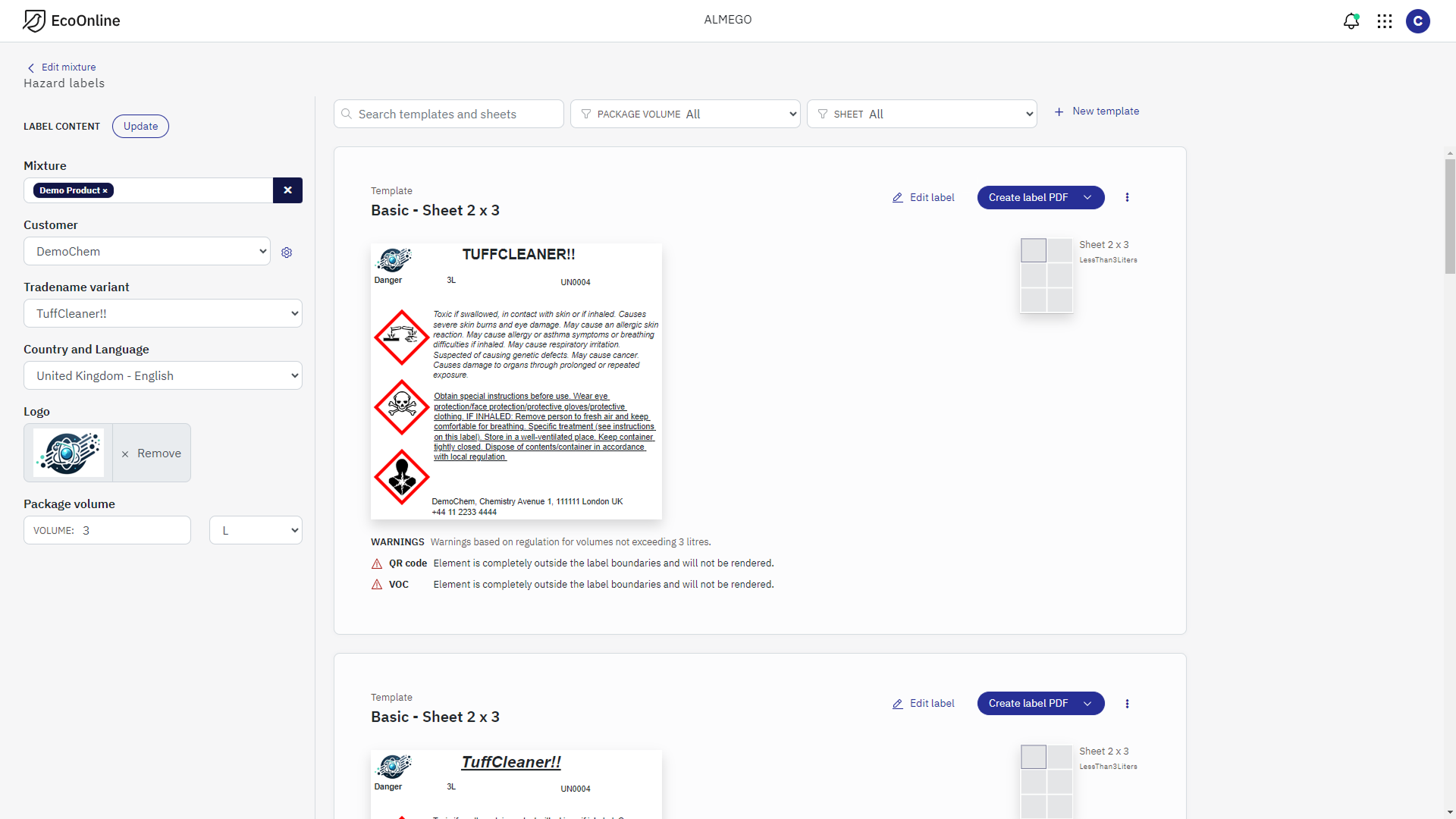 <strong>Final design:</strong> Overview of label templates previewed with content. This part of the design proved quite difficult to get right due to a mix of requirements: We wanted users BOTH to be able to preview templates with actual content, AND to create the label PDF directly if the default layout was sufficient, ALL WHILE allowing users to further edit label layout and content if needed.