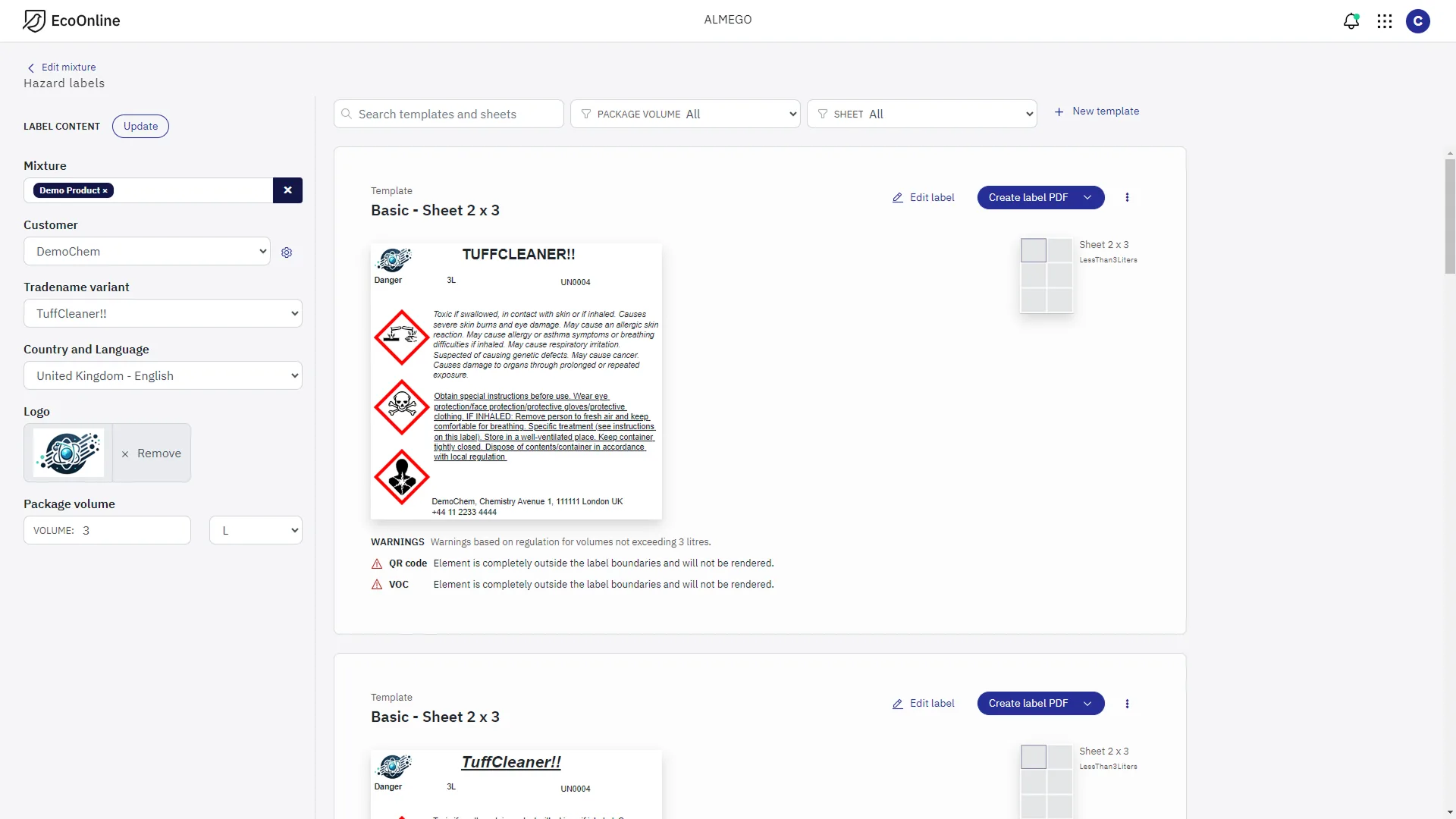 The templates could be previewed with actual content. This part of the design proved quite difficult to get right due to a mix of requirements:<br><br>We wanted users BOTH to be able to preview templates with actual content, AND to create the label PDF directly if the default layout was sufficient, ALL WHILE allowing users to further edit label layout and content if needed.