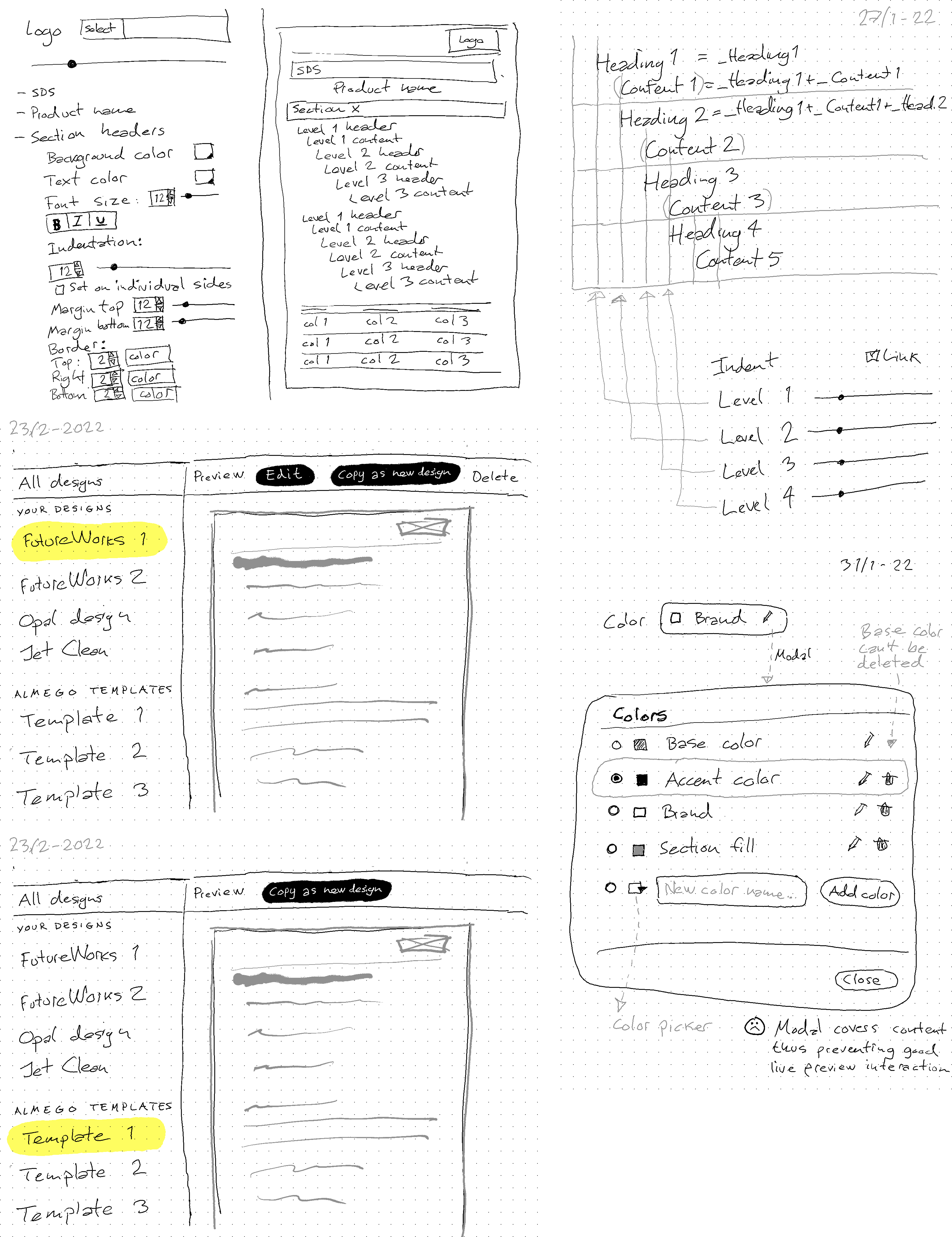 Initial concept sketches with property panels on the left and a live document preview on the right.