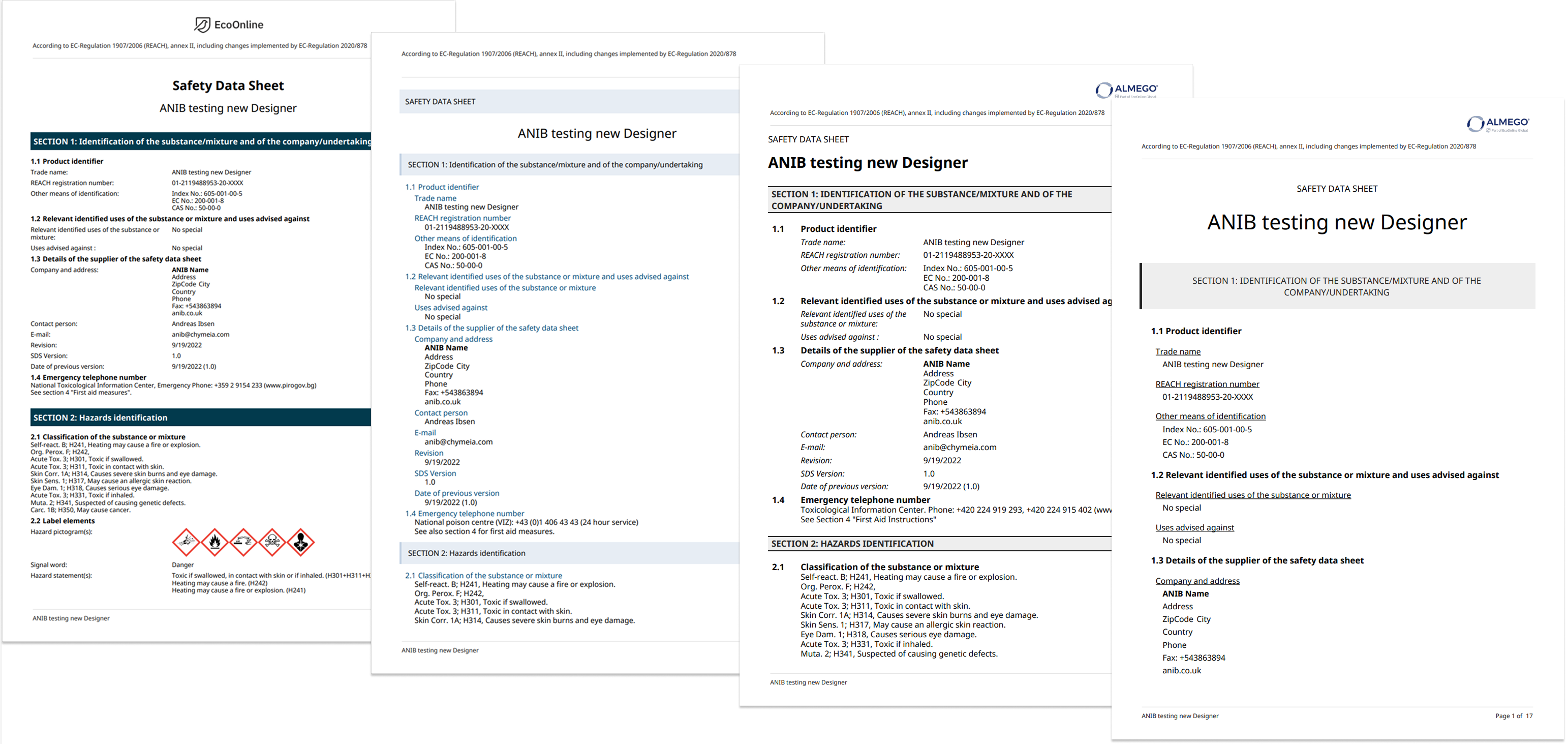 Examples of different designs for the same document content, created with the SDS Designer.