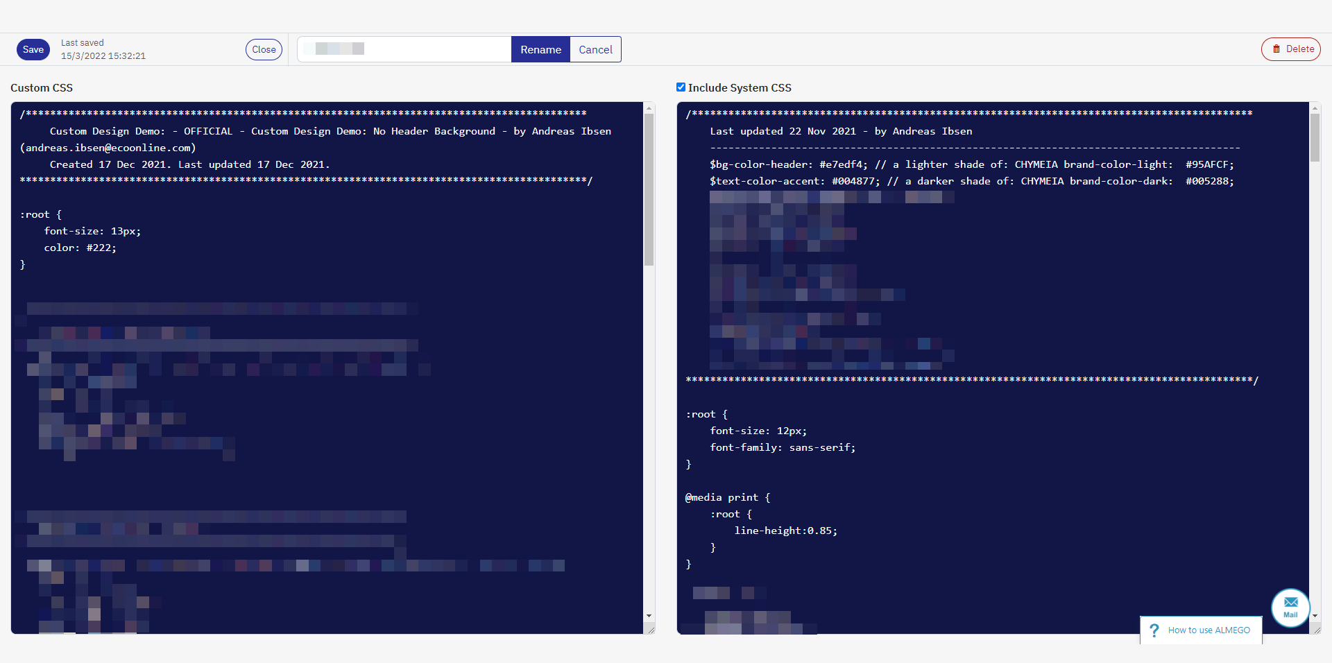 The previous editor was very technical, where users had to edit CSS code to make custom designs. As described above, I did many of the tailored designs on behalf of customers. Thus, to enable more customers to create and edit their own designs, we needed an accessible, visual editor requiring no knowledge of web design tech.