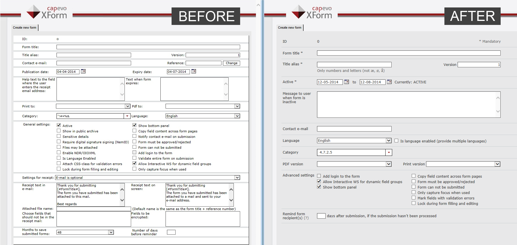 Before and after a cleanup of settings and visuals (but before rebranding). This provided a much less overwhelming 'Create new form' experience.