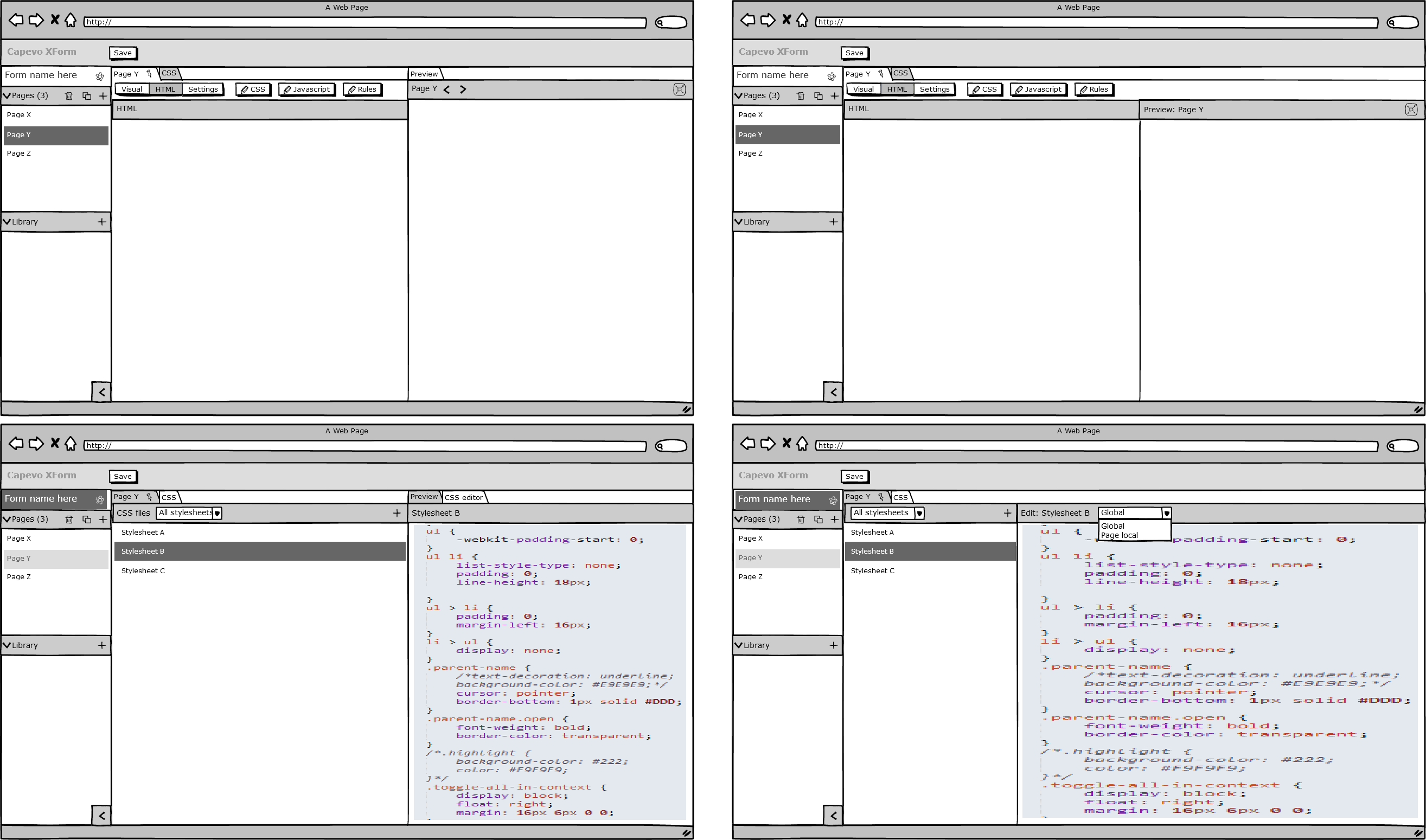 Further explorations of a design split into panes.