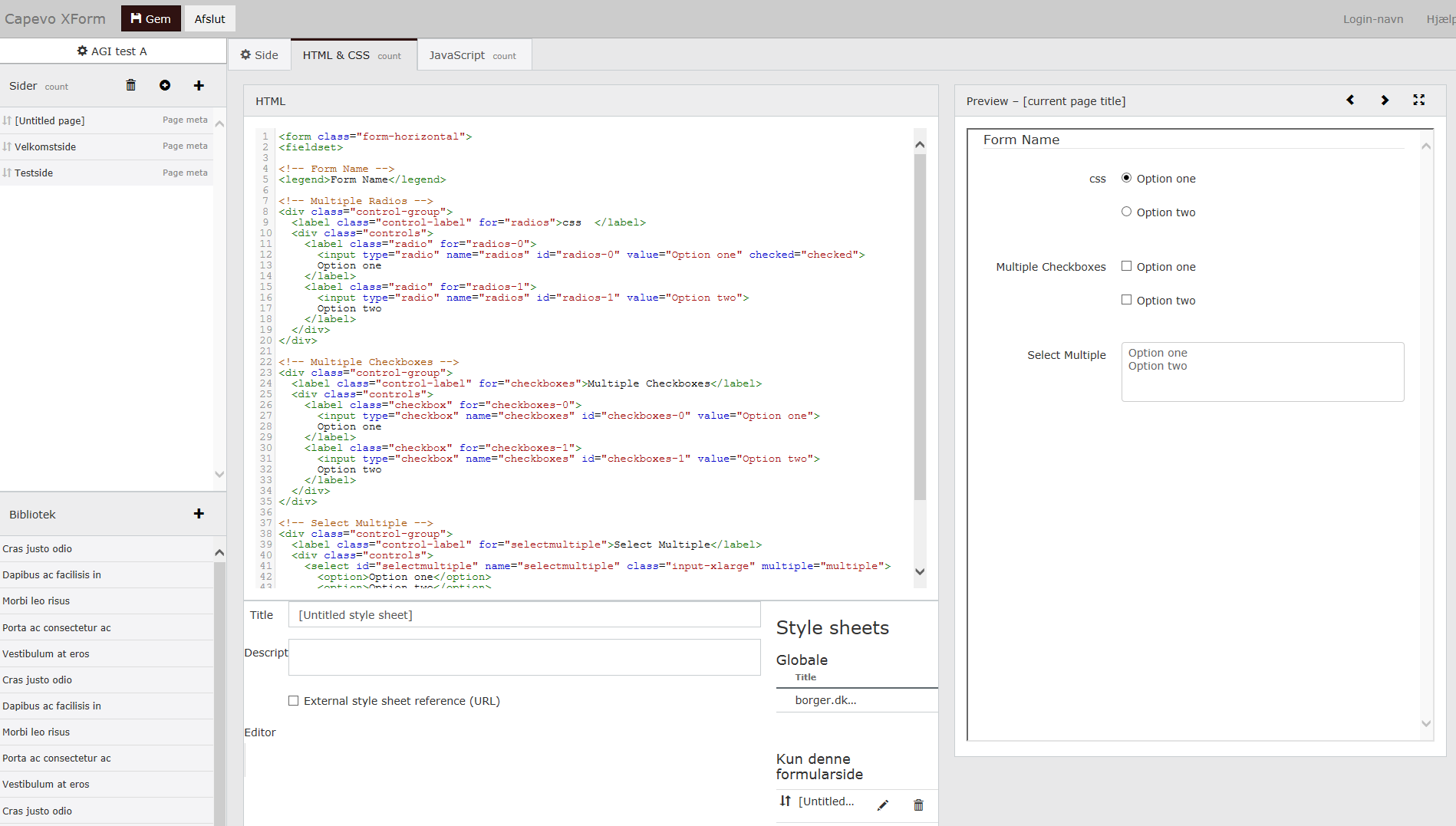 A rough HTML prototype of a three pane design.