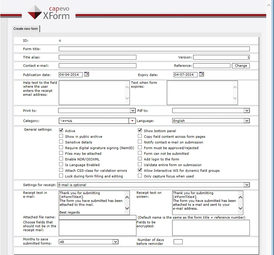 The settings page from the legacy Capevo XForm editor. The editor itself was a canvas where form elements were placed with fixed positions and dimensions. This made it impossible to create responsive forms that adapted to different screen sizes.<br><br>Thus, it was imperative to design and build a new editor that could handle responsive design.