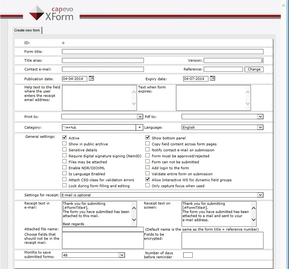 The settings page from the legacy Capevo XForm editor. The editor itself was a canvas where form elements were placed with fixed positions and dimensions. This made it impossible to create responsive forms that adapted to different screen sizes.<br><br>Thus, it was imperative to design and build a new editor that could handle responsive design.