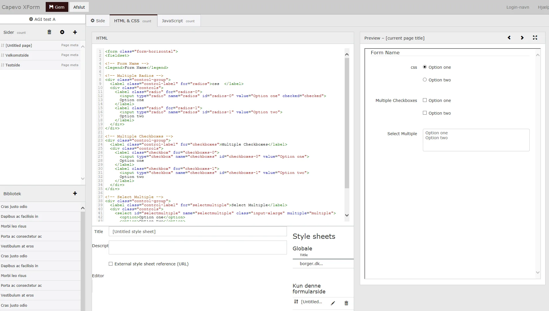 A rough HTML prototype of a three pane design.