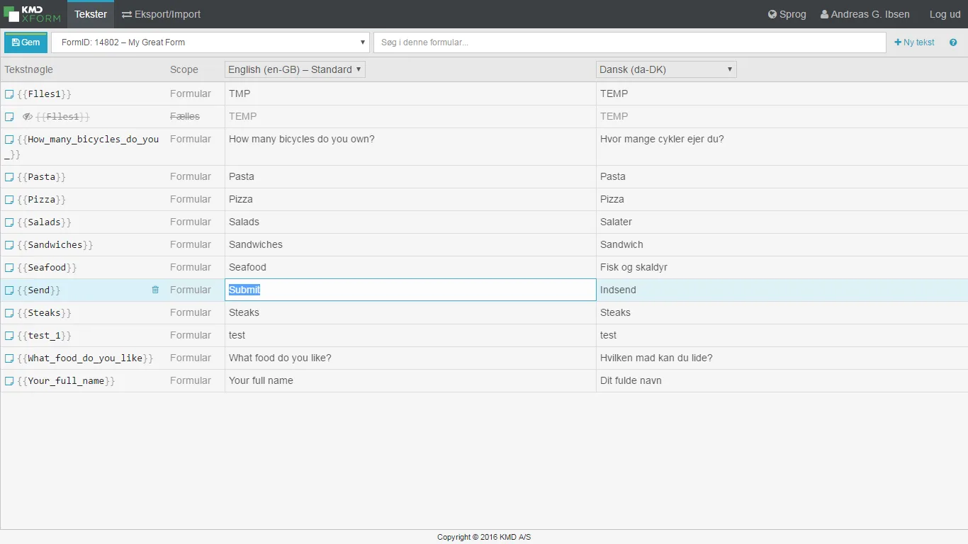 The final KMD XForm TextManager design with one text per row: text keys and two translations side-by-side to provide context when translating.