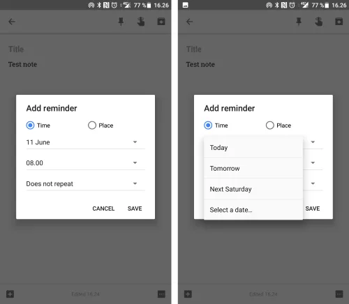 Google Keep app - Default and Choose reminder date