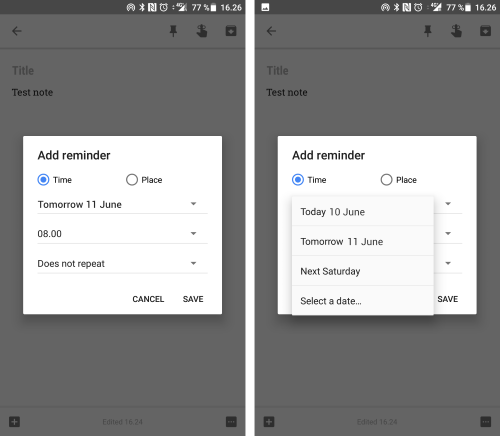 Google Keep app - Default and Choose reminder date - redesigned by agib.dk